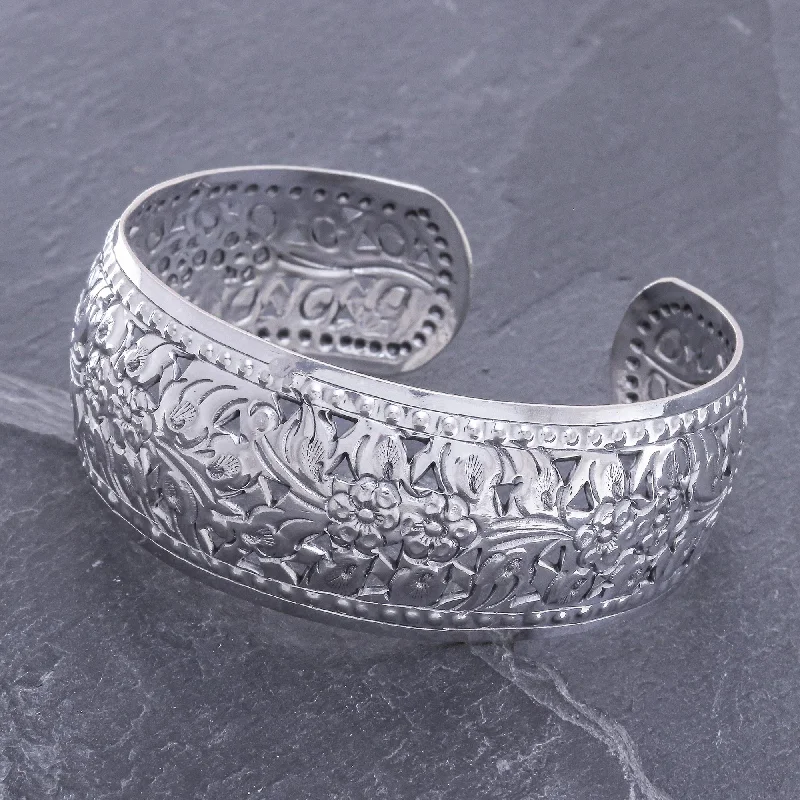 Precious Garland Unique Floral Sterling Silver Cuff Bracelet