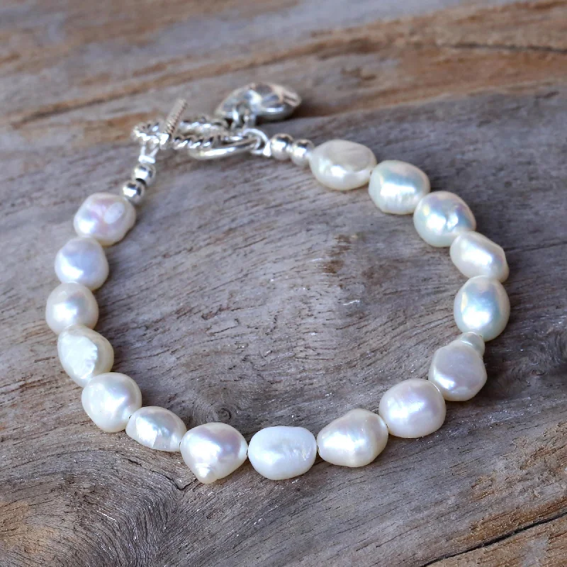 Promising Love Cultured Pearl Beaded Heart Charm Bracelet from Thailand