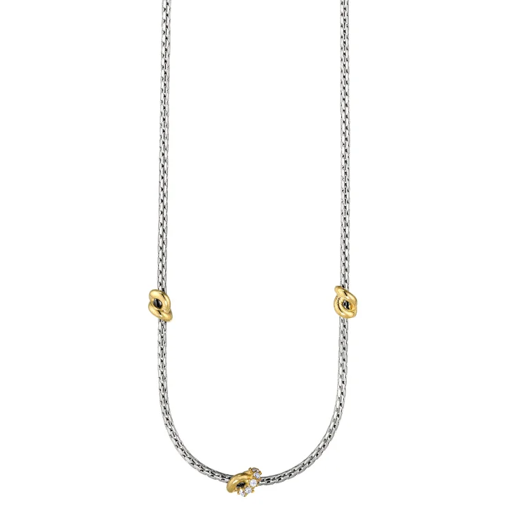 Rhodium Finish Sterling Silver Corean Cable Necklace with 3 Gold Finish Knots with Simulated Diamonds on the Center Knot