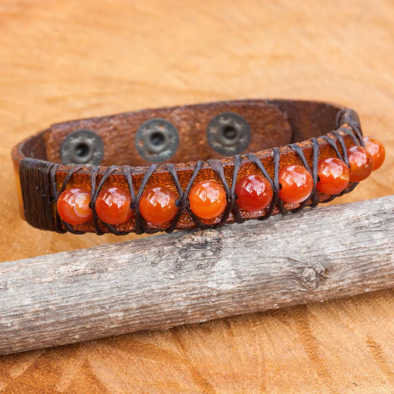 Rock Walk in Orange Hand Crafted Carnelian and Leather Band Bracelet