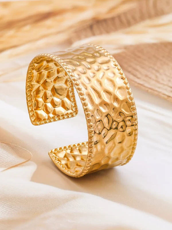 Rubans 22K Gold-Plated Textured Free Size Statement Cuff Bracelet