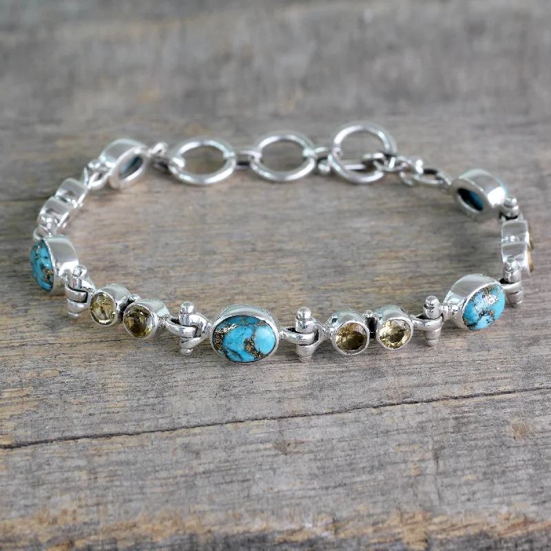 Sun and Earth Citrine and Reconstituted Turquoise Silver Link Bracelet